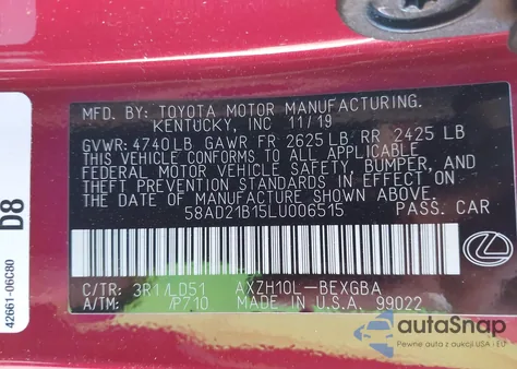 2020 Lexus Es 300H from USA, damaged, VIN 58AD21B15LU006515